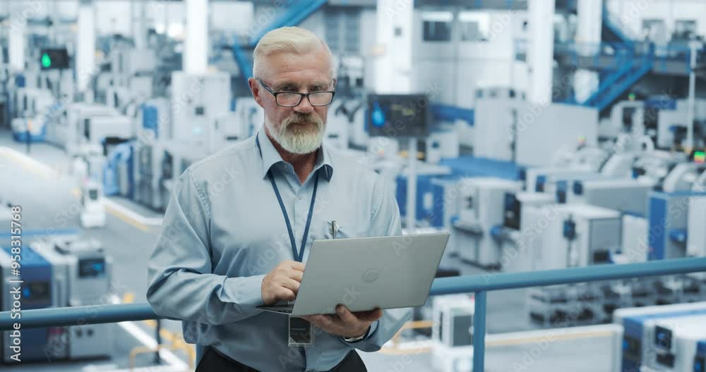 Poster Portrait of an Adult Engineer Standing on a Platform, Using Laptop Computer at an Electronics Factory. Technician Making Technical Upgrades Online Over an Internet Software