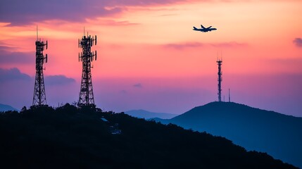 Silhouetted Towers at Sunset with an Airplane Flying Over