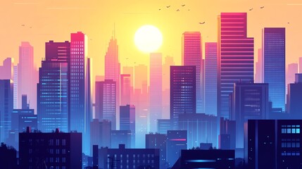 Obraz premium Sunset cityscape with vibrant colors and silhouette buildings.