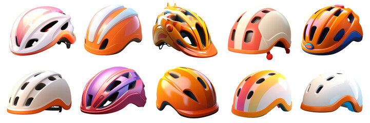 Collection of colorful bicycle helmets with different patterns and designs.