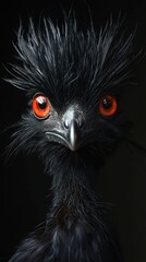 A mesmerizing and intense portrait of a black emu with fiery red eyes staring directly at the camera, captivating attention instantly.