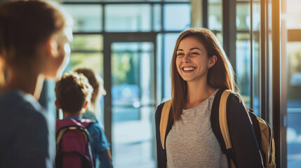 Fototapeta premium Teacher Warmly Welcoming Students at Classroom Door on First Day of School