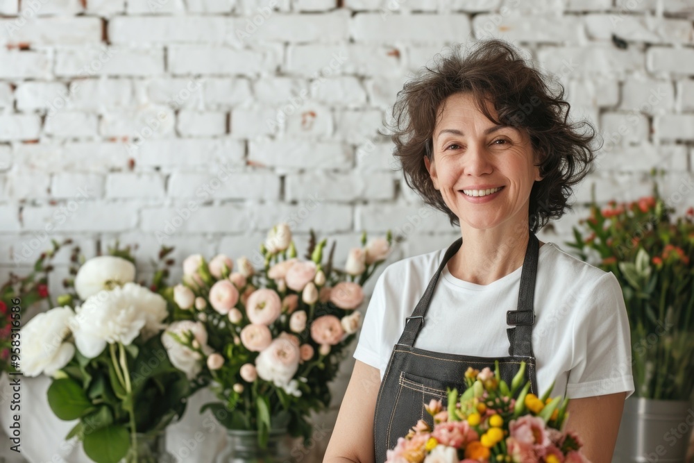 Poster Middle age woman florist working flower adult.