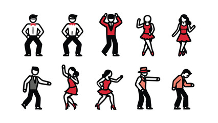 A set of icons depicting couples dancing the tango. The icons are simple line drawings of people in formal wear, with the men in black pants and the women in red dresses.