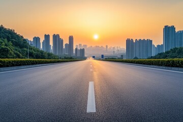 Fototapeta premium Straight asphalt highway road with modern city buildings at sunrise in Chongqing , ai