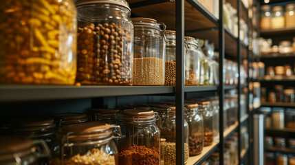 A shelf that is completely filled with numerous jars that contain various types of food items, showcasing a colorful array of ingredients