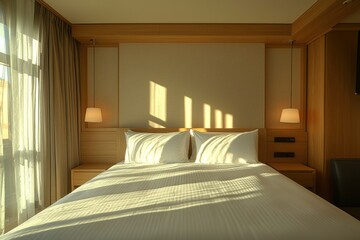 Sunlit Hotel Room Bed with Wooden Accents