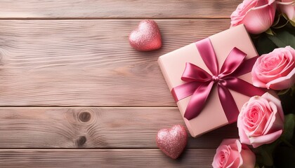 Romantic Valentine’s Day Scene with Roses and Gift Box
