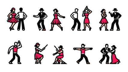 Set of line dance icons with dancing couples in different poses.