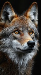 Obraz premium This stunning image captures a close-up portrait of a wild wolf, highlighting its detailed ears and piercing eye.