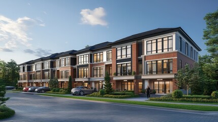 Fototapeta premium Luxury New Townhouse Development with Modern Architecture and Landscaping - Evening, Exterior