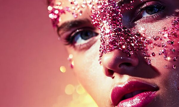 Close-up portrait of a model with rhinestone fashion makeup.