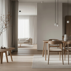 ultra-realistic, modern, minimalist, wide-angle, natural lighting, neutral colors, light wood flooring, contemporary furniture, clean lines, Scandinavian, photo-realistic