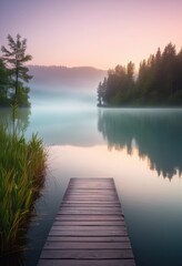 serene lake reflects colors surrounded misty haze creating tranquil natural landscape, dawn, reflection, water, nature, scenery, morning, fog, beauty