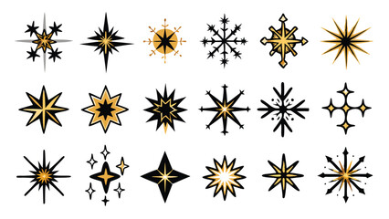 Set of 18 hand-drawn star shapes in black and gold, perfect for festive decor, greeting cards, and DIY projects.