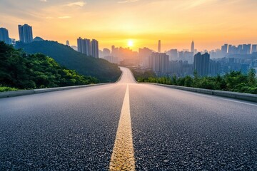 Fototapeta premium Straight asphalt highway road with modern city buildings at sunrise in Chongqing , ai