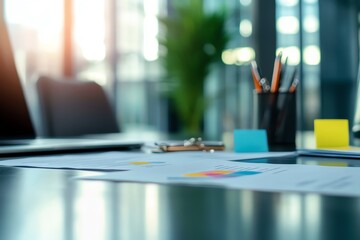 Business plan documents spread across a modern office table, showcasing company growth ideas