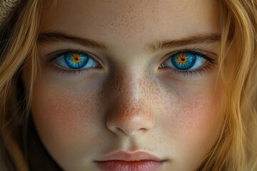 Fototapeta premium portrait of a young girl with heterochromia one eye electric blue and the other amber soft lighting emphasizing unique features