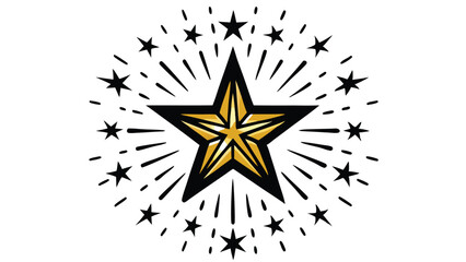A large golden star with a black outline surrounded by a circle of smaller black stars with rays emanating outward.