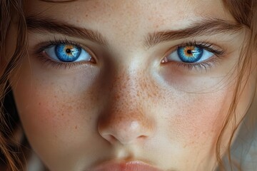 Fototapeta premium portrait of a young girl with heterochromia one eye electric blue and the other amber soft lighting emphasizing unique features