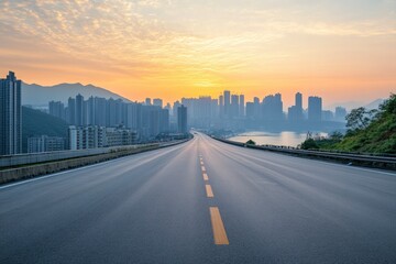Straight asphalt highway road with modern city buildings at sunrise in Chongqing , ai