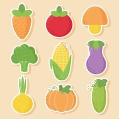 A set of cute vegetable stickers in a flat style