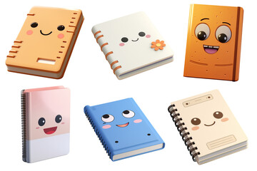 Six cartoon notebooks with smiling faces, each in a different color and design.