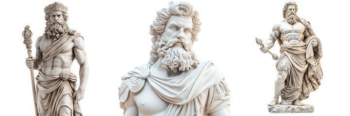 Set of sculpture of Greek god Zeus, with a regal expression  isolated on transparent background