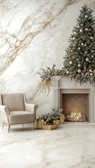 Elegant Christmas Interior, Fireplace, Decorated Christmas Tree, Armchair, Gifts, Marble Wall