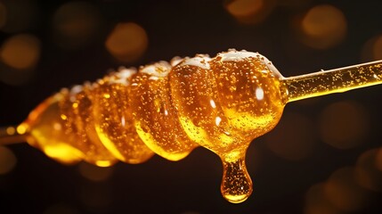 A Honey Dipper Coated in Glossy Golden Honey with Dripping Droplets
