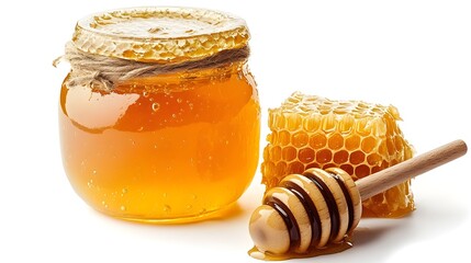 Artisanal Golden Honey Jar with Wooden Dipper on White Background