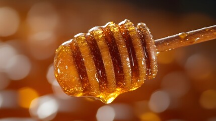 Closeup view of a golden honey dipper dripping with sweet and sticky honey texture