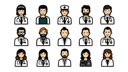 Set of doodle line art characters of medical doctors with various hairstyles, facial expressions, and accessories.