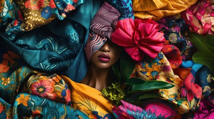 Fototapeta premium Woman's Face Partially Hidden by Colorful Fabric and Flower