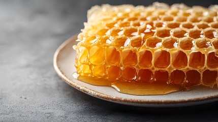 Freshly Harvested Honeycomb Dripping with Sweet Liquid Gold on White Ceramic Plate