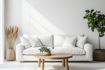 Scandinavian style interior mockup with a white sofa