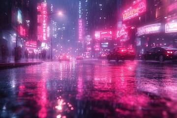 Fototapeta premium rainy metropolis at night gleaming streets reflect vibrant neon signs a lone searchlight cuts through misty air creating an atmospheric urban scene with empty roads