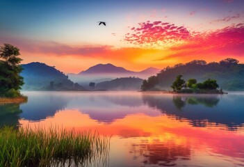Fototapeta premium serene lake reflecting bright sunrise colors vivid shades blue tranquil morning landscape, reflection, orange, pink, water, sky, light, nature, peaceful