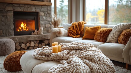 A cozy loft living room with a warm color palette, featuring a stone fireplace, plush sofas, and soft, textured textiles like knitted blankets and wool rugs,