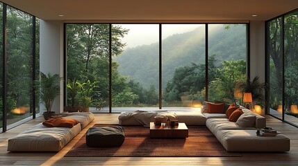 A cozy loft living room with floor-to-ceiling windows framing a picturesque forest landscape, featuring comfortable furniture, warm textiles, and natural wood accents,