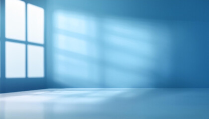 Fototapeta premium Abstract blue studio background for product presentation. Empty room with shadows of window. 3d room with copy space. Blurred backdrop.