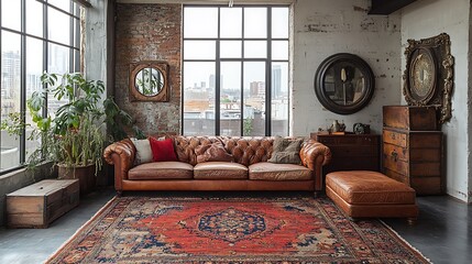 A cozy loft living room with vintage charm, showcasing a blend of worn leather sofas, an ornate rug, and a mix of eclectic decor pieces like antique mirrors and old wooden chests,