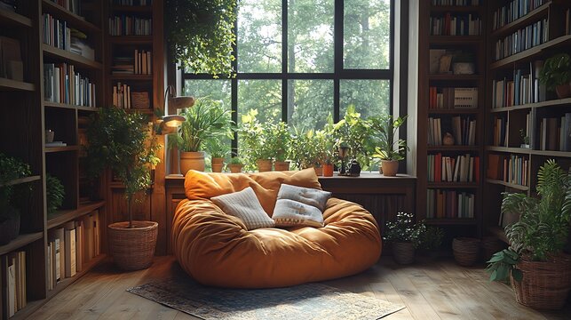 A cozy nook in a loft living room featuring a plush armchair, warm ambient lighting, and a large wooden bookshelf filled with books,