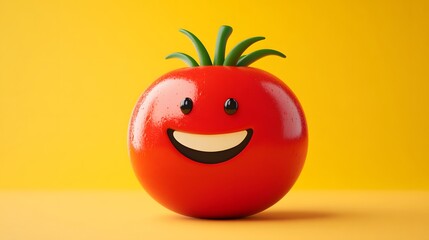 3D render of a cartoon-style organic tomato, round with a glossy surface, vibrant red with a green stem on top, the tomato depicted with a happy smile, isolated on a solid yellow background, soft