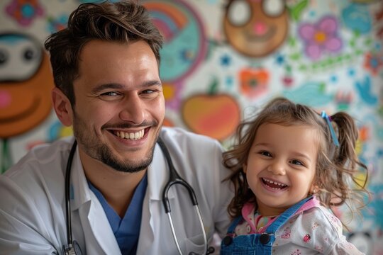 Smiling pediatrician with happy child in colorful clinic. Healthcare worker and kid in cheerful medical environment.