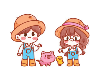 Cute Kids with Farm Animals cartoon vector illustration character