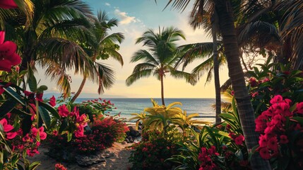 Fototapeta premium Tropical Beach Paradise with Palm Trees and Bougainvillea Flowers