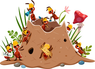 Ant builder characters building anthill with grass and straw twigs, vector cartoon funny insect characters. Ants workers and builders building house home with spades and carrying grass to anthill nest © Vector Tradition