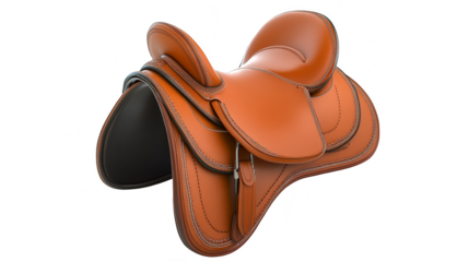Brown leather horse saddle isolated transparent background