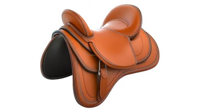 Brown leather horse saddle isolated transparent background